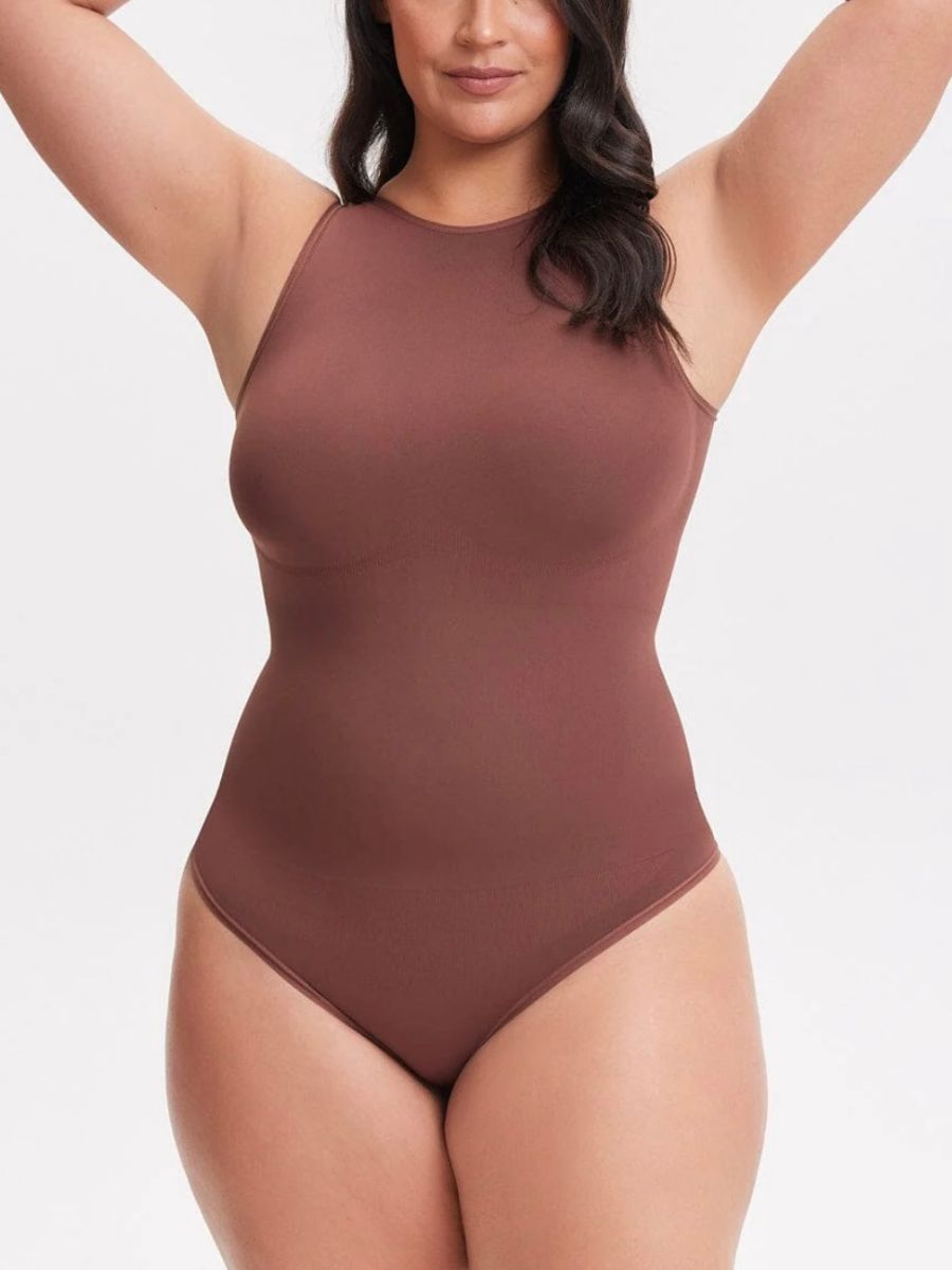 Shapewear i brun med hög halsringning med effekt som andra hud